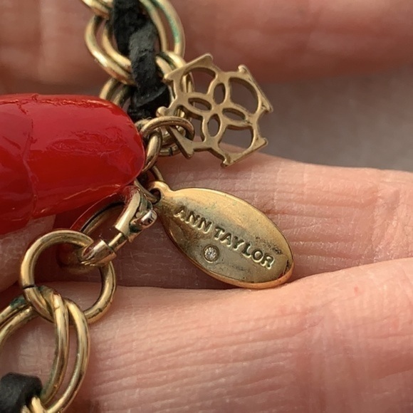 Ann Taylor long leather woven gold tone crystal charm statement necklace - Picture 4 of 9